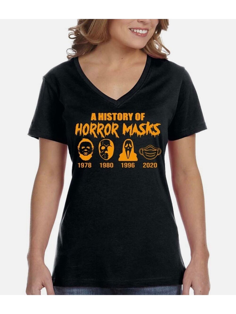 Women’s Short Sleeve V-Neck Halloween Shirt (History of Horror Masks)-Small